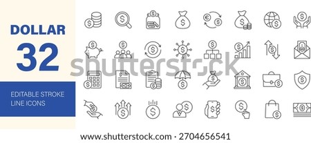 Dollar icon set. Containing money, cash, coin, payment, bank, earnings, income, currency, business, loan and more. Editable line icons. Vector illustration.