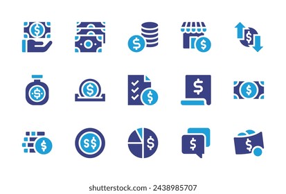 Dollar icon set. Duotone color. Vector illustration. Containing payment, notes, shop, money, profits, money bag, charity, file, price list, bill, dollar, message, pie chart, dollar note.