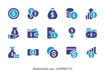 Dollar icon set. Duotone color. Vector illustration. Containing dollar symbol, money, money bag, profit, wallet, low prices, contract, payment, coin, finance.