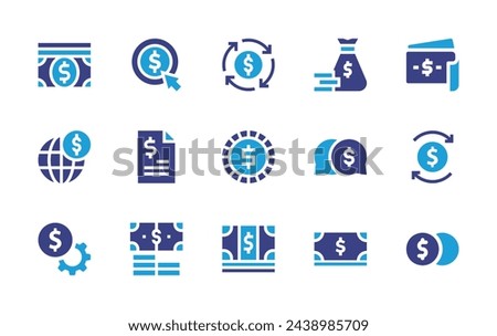 Dollar icon set. Duotone color. Vector illustration. Containing money, pay per click, money bag, circular economy, investment, bank, chat, dollar, symbol, note, dollar coin.