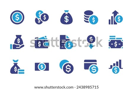 Dollar icon set. Duotone color. Vector illustration. Containing dollar symbol, money, money bag, profit, wallet, low prices, contract, payment, coin, finance.