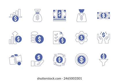 Dollar icon set. Duotone style line stroke and bold. Vector illustration. Containing profit, settings, money bag, finance, dollar, money, price list, dollar note, coin, circular economy, dollar coin.