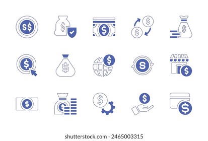 Dollar icon set. Duotone style line stroke and bold. Vector illustration. Containing money, payment, money bag, shop, income, dollar, pay per click, investment, exchange, dollar symbol.