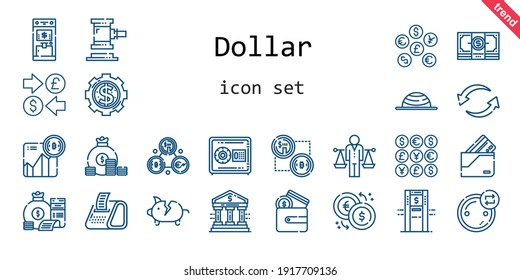 dollar icon set. line icon style. dollar related icons such as safebox, wallet, coins, piggy bank, money bag, auction, bank, balance, money, exchange, receipt, currency, atm, bitcoin, coin