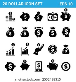 Ícone de dólar definido. Dinheiro, orçamento, poupança, empréstimo, dinheiro, ganho, renda, carteira, moeda, dólar, moeda, conjunto de ícones de receita. Coleção de ícones de negócios financeiros