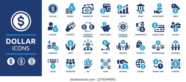 Dollar icon set. Money, wallet, payment, bank, fund, earnings, income, currency, business and more. Collection of solid icons, vector illustration pack.