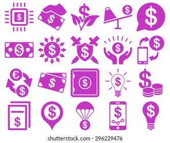 Dollar Icon Set. These flat icons use violet color. Vector images are isolated on a white background.