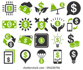 Dollar Icon Set. These flat bicolor icons use eco green and gray colors. Vector images are isolated on a white background.