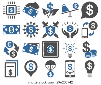 Dollar Icon Set. These flat bicolor icons use cobalt and gray colors. Vector images are isolated on a white background.