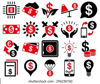 Dollar Icon Set. These flat bicolor icons use intensive red and black colors. Vector images are isolated on a white background.