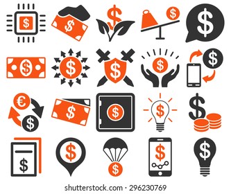 Dollar Icon Set. These flat bicolor icons use orange and gray colors. Vector images are isolated on a white background.