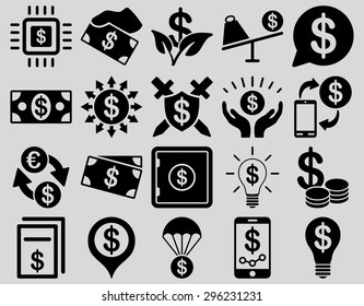 Dollar Icon Set. These flat icons use black color. Vector images are isolated on a light gray background.
