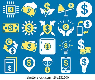 Dollar Icon Set. These flat bicolor icons use yellow and white colors. Vector images are isolated on a blue background.