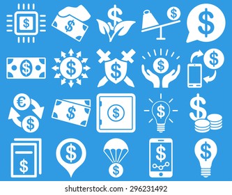 Dollar Icon Set. These flat icons use white color. Vector images are isolated on a blue background.