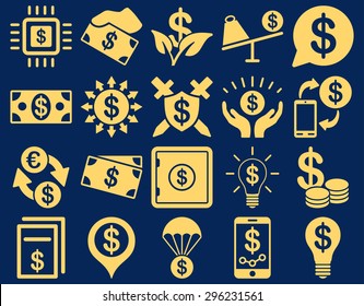 Dollar Icon Set. These flat icons use yellow color. Vector images are isolated on a blue background.