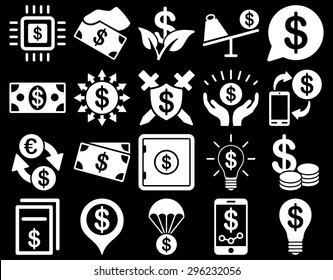 Dollar Icon Set. These flat icons use white color. Vector images are isolated on a black background.