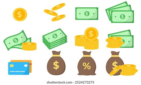 Ícone de dólar definido. Dólar valor vetor moeda, saco de dinheiro e cartão de crédito. Conjunto de elementos de dinheiro desenhados à mão