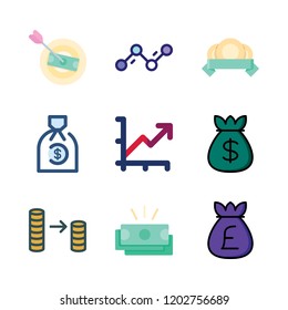 dollar icon set. vector set about money bag, coins, coin stack and line chart icons set.