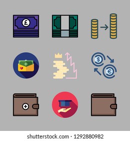 dollar icon set. vector set about exchange, scholarship, coin stack and wallet icons set.