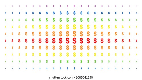 Dollar icon spectral halftone pattern. Vector dollar symbols are arranged into halftone matrix with vertical rainbow colors gradient. Designed for backgrounds, covers,