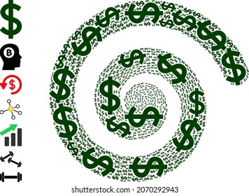Composición centrifugana en espiral de icono del dólar. Los iconos del dólar están formados en una estructura de mosaico espiral. El retorcido de elementos se combina con iconos de dólar colocados al azar. Algunos iconos de bonificación están diseñados.