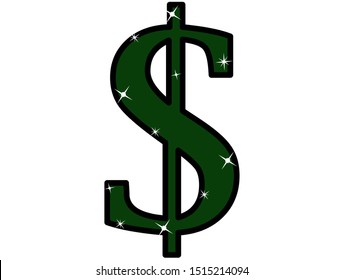 Dollar icon, symbol, poster. Element logo illustration with glitter. Green object. Web sticker, banner. Vector