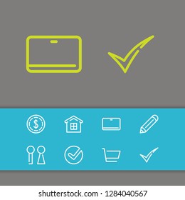 Dollar icon with tick, tablet and wc symbols. Set of mortgage, vote, drawing icons and vote concept. Editable vector elements for logo app UI design.