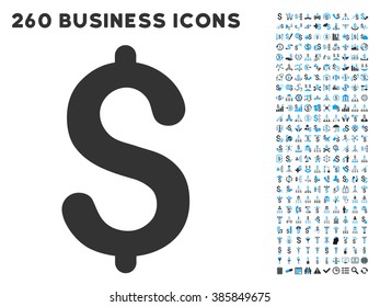 Dollar icon within 260 vector business pictogram set. Style is bicolor flat symbols, light blue and gray colors, white background.