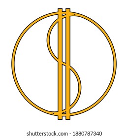 Icono de dólar y círculo de yin yang, amarillo sobre fondo blanco, signo de diseño, ilustración vectorial