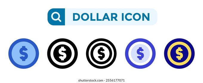 Dollar icons in 5 different vector illustration styles. Settings icons in flat, solid, line, blue and color styles. Vector illustrations can be used for web, mobile, ui