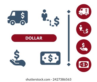 Dollar icons. Armored truck, job, career, businessman, wealth, hand, dollar bill, cash, money icon. Professional, 32x32 pixel perfect vector icon.