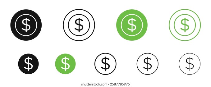 Dollar icons in black and green colors collection