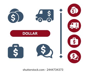 Dollar icons. Coins, Coin, armored truck, briefcase, suitcase, chat bubble, wealth icon. Professional, 32x32 pixel perfect vector icon.