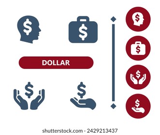 Dollar icons. Head, thinking, wealth, briefcase, suitcase, hands, dollar symbol icon. Professional, 32x32 pixel perfect vector icon.