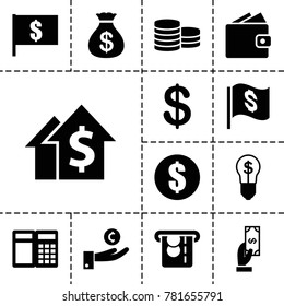 Dollar icons. set of 13 editable filled dollar icons such as coin, money sack, payment, money, wallet, hand on coin, dolar growth, atm