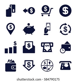 dollar icons set. Set of 16 dollar filled icons such as Money, ATM money withdraw, Payment, Wallet, piggy bank, wallet, marketing, money chart, creadit card payment
