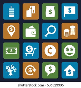 Dollar icons set. set of 16 dollar filled icons such as wallet, money, coin, buying a house, coin, money sack, creadit card payment