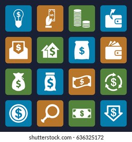 Dollar icons set. set of 16 dollar filled icons such as money, payment, wallet, money sack, crown, money, dolar growth