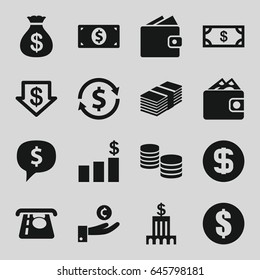 Dollar icons set. set of 16 dollar filled icons such as money, money sack, bank, wallet