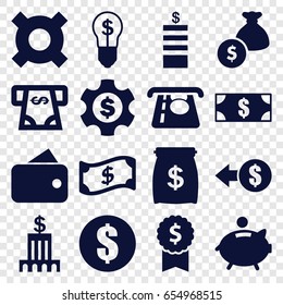 Dollar icons set. set of 16 dollar filled icons such as coin, atm money withdraw, piggy bank, money bag, bank, crown, wallet, coin