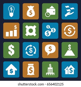 Dollar icons set. set of 16 dollar filled icons such as money, money on hand, buying a house, wallet, bank, dolar growth