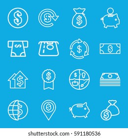 dollar icons set. Set of 16 dollar outline icons such as Money, ATM money withdraw, piggy bank, dolar growth