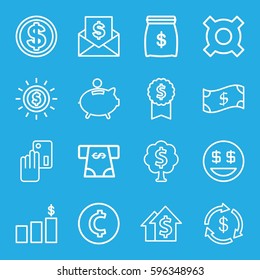 dollar icons set. Set of 16 dollar outline icons such as Money, ATM money withdraw, piggy bank, creadit card payment, crown, coin, dolar growth