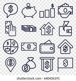 Dollar icons set. set of 16 dollar outline icons such as money, wallet, buying a house, piggy bank, money, wallet, cash payment, dolar growth