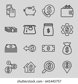 Dollar icons set. set of 16 dollar outline icons such as money, atm money withdraw, cash payment, coin, wallet, dolar growth