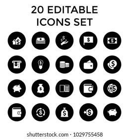 Dollar icons. set of 20 editable filled dollar icons such as money, money sack, wallet, bank support, coin, dolar growth. best quality dollar elements in trendy style.