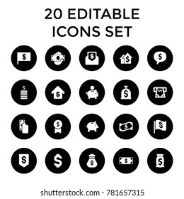 Dollar icons. set of 20 editable filled dollar icons such as atm money withdraw, money, cash payment, piggy bank, dolar growth. best quality dollar elements in trendy style.