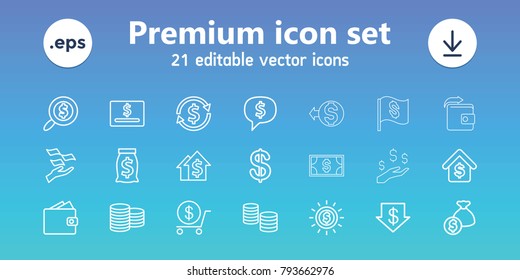 Dollar icons. set of 21 editable outline dollar icons includes coin, money on hand, money, wallet, dolar growth, buying a house, wallet