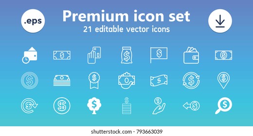 Dollar icons. set of 21 editable outline dollar icons includes wallet, money tree, wallet, money, creadit card payment, coin, coin on hand