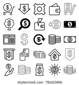 Dollar icons. set of 25 editable outline dollar icons such as wallet, coin, wallet, creadit card payment, coin on hand, money sack, atm, illustrgeneric currencyation